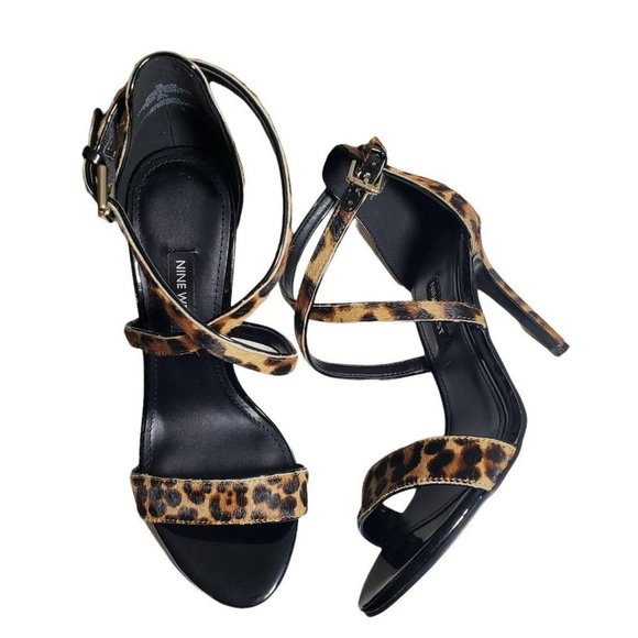 Nine West Womens Natural Fur Leopard Print Open Toe Strappy High Heels Sz 6.5 7 - Picture 1 of 11